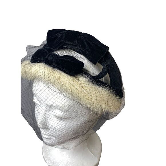 Velour black hat white mink trim and veil - Picture 2 of 6